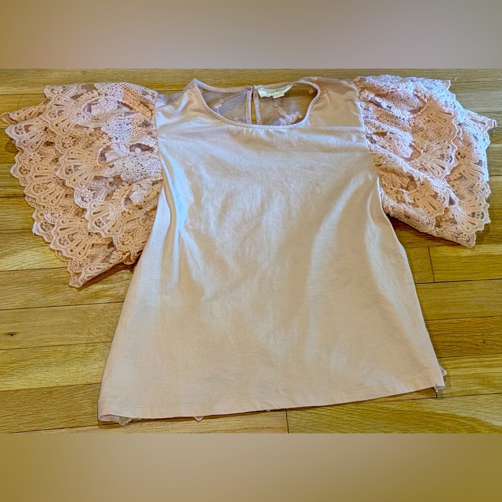 Anthropologie Forever That Girl Pink Flutter Sleeve Tulle Lace Top Small